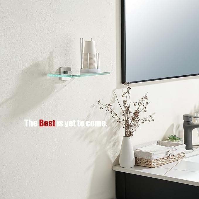 JQK Bathroom Glass Shelf, Tempered Glass Shower Storage 8 by 5 inches, 304 Stainless Steel Brushed Finish Wall Mount, TGS201L8-BN