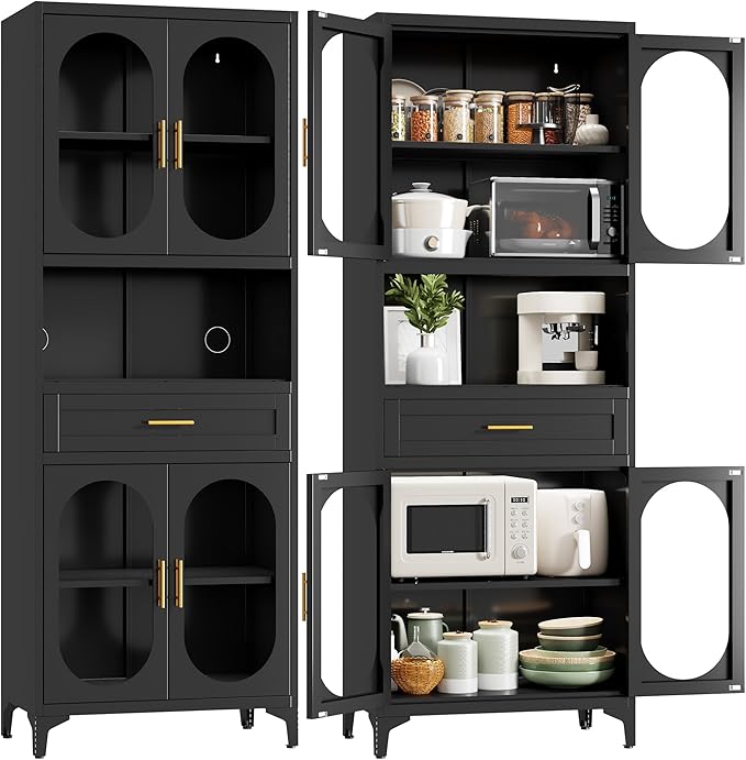 75" Tall Kitchen Pantry Cabinet,Metal Storage Cabinets with 4 Glass Doors and Adjustable Shelves,Freestanding Display Cupboard for Dining Room,Living Room,Hallway,Bathroom,Black