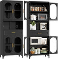 75" Tall Kitchen Pantry Cabinet,Metal Storage Cabinets with 4 Glass Doors and Adjustable Shelves,Freestanding Display Cupboard for Dining Room,Living Room,Hallway,Bathroom,Black