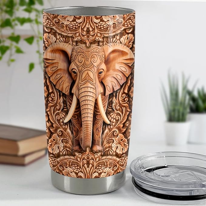 SANDJEST Elephant Tumbler 20oz Elephants Wood Drawing Stainless Steel Insulated Tumblers Coffee Travel Mug Cup Gifts for Women Men Elephant Gift for Birthday Christmas