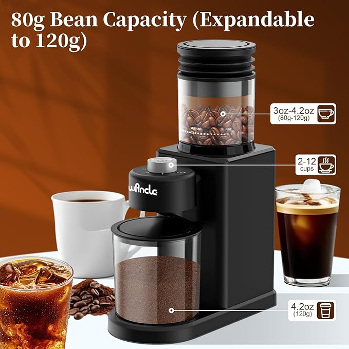 Wancle Conical Burr Coffee Grinder Electric - 200W Compact Automatic Coffee Bean Grinder with 25 Setting Adjustable, Low Noise Espresso Coffee Grinder,One-Touch Operation with Self-Cleaning Blower