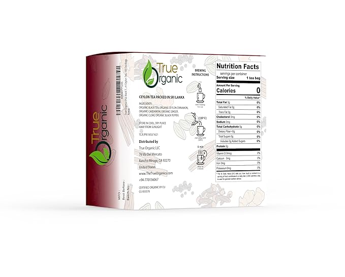 True Organic Premium Ceylon Chai Black Tea |100 Count Tea Bags | USDA Organic & Kosher Certified |100 Envelop Organic Chai Black Tea Bags for Your Home & Cafe. Tea With Ceylon Cinnamon, Cardamom, Clove, Black Pepper, ginger.