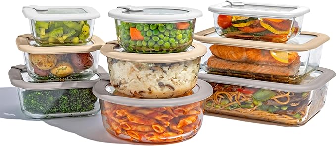Bentgo Signature Leak-Proof Glass Food Storage - 18-Piece Set, 1-Compartment Plastic-Free Containers with Airtight Glass Lids, BPA-Free, Microwave, Freezer, Oven & Dishwasher Safe (White Stone)