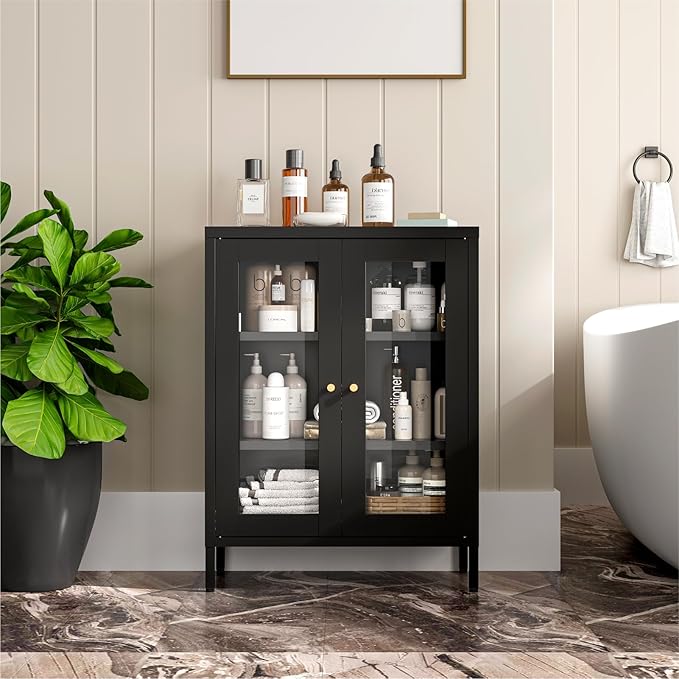 Metal Bathroom Cabinet, Small Floor Storage Cabinet, Freestanding Sideboard with 2 Adjustable Shelves for Living Room, Dinging Room (Black, 31.5" H-2 Doors)