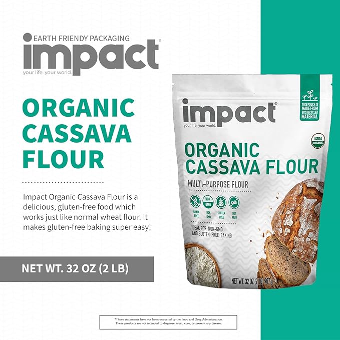 Impact - Organic Cassava Flour - Gluten-Free Baking Essential - Grain-Free Wheat Flour Substitute for Cooking and Baking - High Fiber, Easy to Use - 2lb