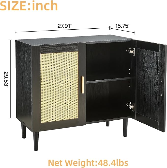 27.9 Inch Accent Sideboard Buffet Cabinet with Storage, Rattan Cabinet with Doors and Shelves, Black Farmhouse Coffee Bar Kitchen Storage Cabinets for Entryway Living Room