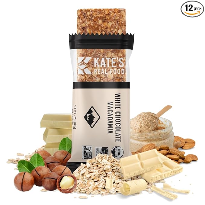 Kate’s Real Food Organic Granola Bars – White Chocolate Macadamia (2.2 oz, Pack of 12) - Organic Energy Bars with Non GMO All Soy Free Free Oats