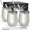 CHILLOUT LIFE 12 oz Stainless Steel Wine Tumblers 4 Pack - Double Wall Vacuum Insulated Wine Glasses Cups with Lids and Straws Set Keeping Cold & Hot for Coffee, Beer, Ice Cream - Holographic Glitter
