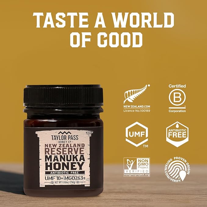 Taylor Pass Honey Co Manuka Honey UMF 10+ MGO 263+ | Monofloral, Sustainable Premium New Zealand Honey | Certified Non-GMO, Halal, BPA-Free Jar | 8.83oz