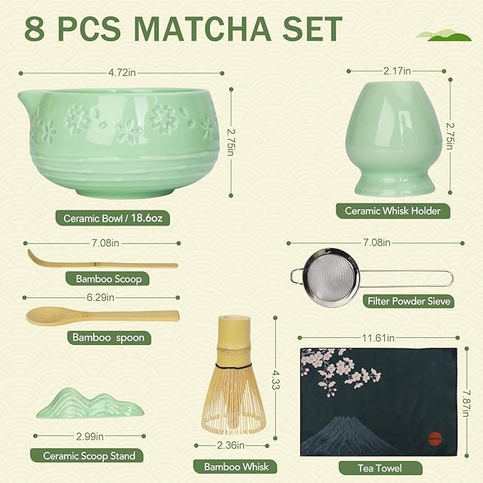 Matcha Whisk Set, Ceramic Bowl with Spout, Bamboo Matcha Whisk & Spoon, Chasen Holder, Scoop Rest, Sifter, 8-Pcs Japanese Ceremony Matcha Powder Kit–Christmas Gift for Women-Mint