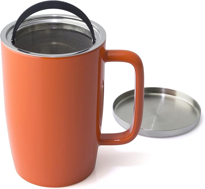 FORLIFE Dew Glossy Finish Brew-In-Mug with Basket Infuser & "Mirror" Stainless Lid 18 oz., Carrot