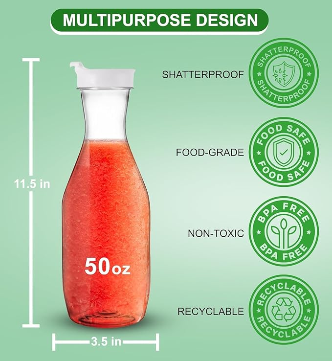 Party Bargains 50 oz. Plastic Carafe with Lids - Clear, 6 Count, White Flip Tab Lid Premium Quality & Heavy Duty Plastic Pitcher for Iced Tea, Powdered Juice, Cold Beverages, Mimosa Bar