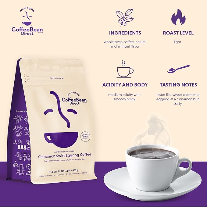 Coffee Bean Direct Cinnamon Swirl Eggnog Flavored, Whole Bean Coffee, 1 Pound Bag (Pack of 1)