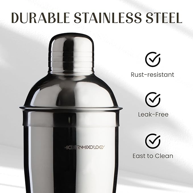Modern Mixology 8-Piece Cocktail Shaker Set, 24oz Stainless Steel Bartender Kit with Velvet Giftable Bag, Curated Travel Cocktail Kit for Hosting Essentials (Silver)