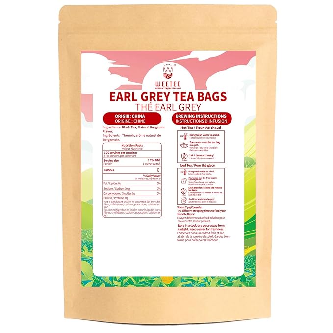 WT WEETEE Earl Grey Tea Bags, 100 Count Black Tea Flavored with Bergamot Orange, Resealable Kraft Bag | Brew Hot or Iced