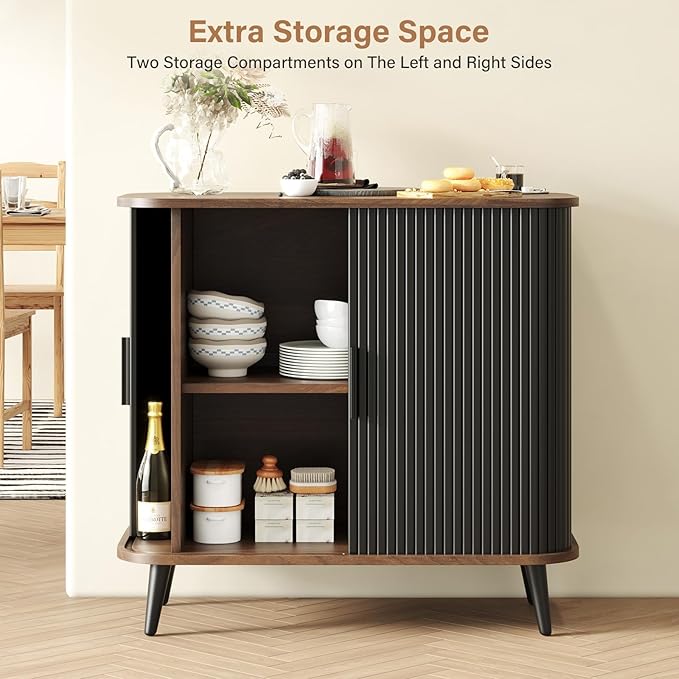 Accent Cabinet with Sliding Doors - Black Sideboard Buffet Cabinet with Storage for Coffee Bar, Console Table - MCM Design Bar Cabinets for Modern Home Décor