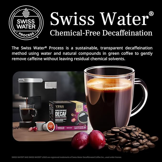 VINIA Decaf Medium Dark Roast with Red Grape Piceid Resveratrol, Nitric Oxide for Heart Health, Alertness, Physical Energy & Blood Flow Circulation. 30ct K-Cup Pods