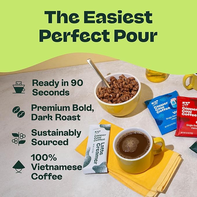 Copper Cow Vietnamese Coffee Variety Pack (15 Coffees & 15 Creamers)| Classic, Churro, & Vanilla Latte | Pour Over Single-Serve Lattes, No Refrigeration Needed, Travel Friendly Ground Coffee