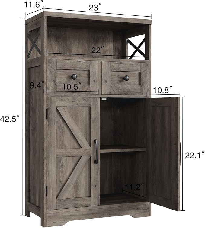 Farmhouse Storage Cabinet with Drawers and Shelf, Freestanding Kitchen Pantry Hutch for Kitchen, Living Room, Home Office, Rustic Grey