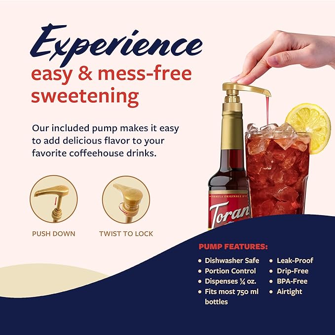 Torani Raspberry Syrup for Drinks, Flavoring for Iced Tea, Lemonade, and Sodas, Pump Included, 25.4 Oz