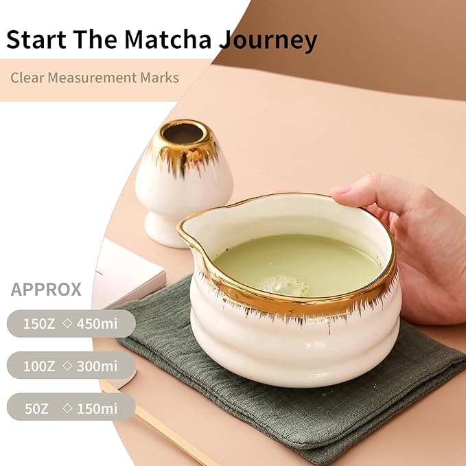 Spouted Matcha Bowl – 7-Piece Matcha Whisk Set, Golden-Textured White Porcelain Matcha Utensils, for Home Use & Matcha Enthusiasts