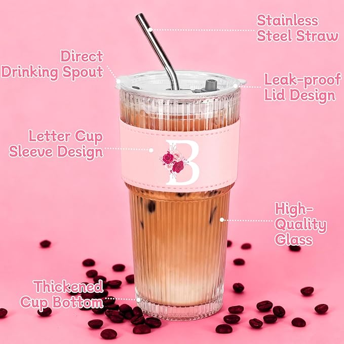 Personalized Gifts for Women,20oz Ribbed Glass Tumbler,Monogrammed Gifts for Women,Birthday Gift,Ice Coffee Mug,Christmas Gift for Mom Sister-B