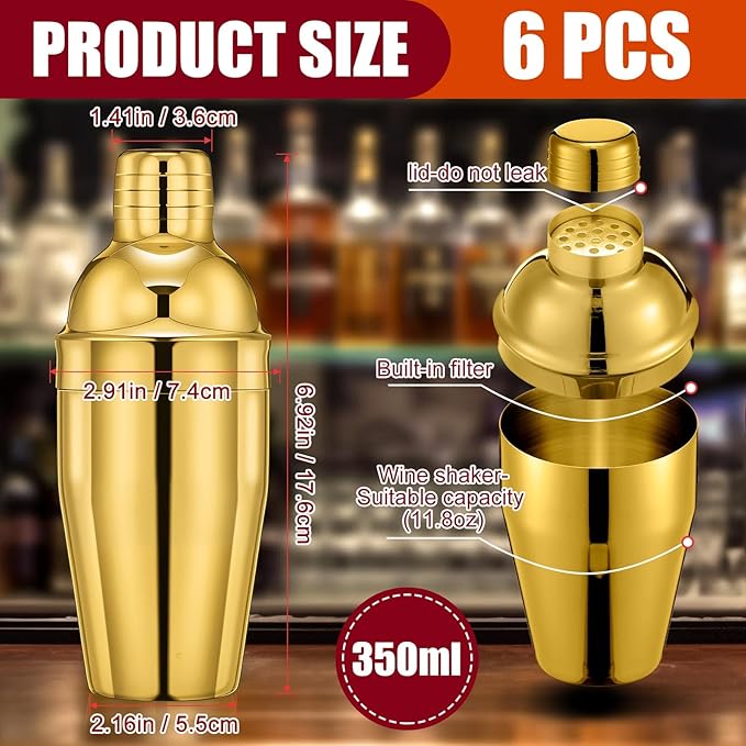 Nitial 6 Pcs Bar Cocktail Shaker Professional Stainless Steel Martini Drink Mixer Built-in Strainer for Bartending No Leaks Shaker for Bar Party Drink Mixer(Gold,11.8 oz)