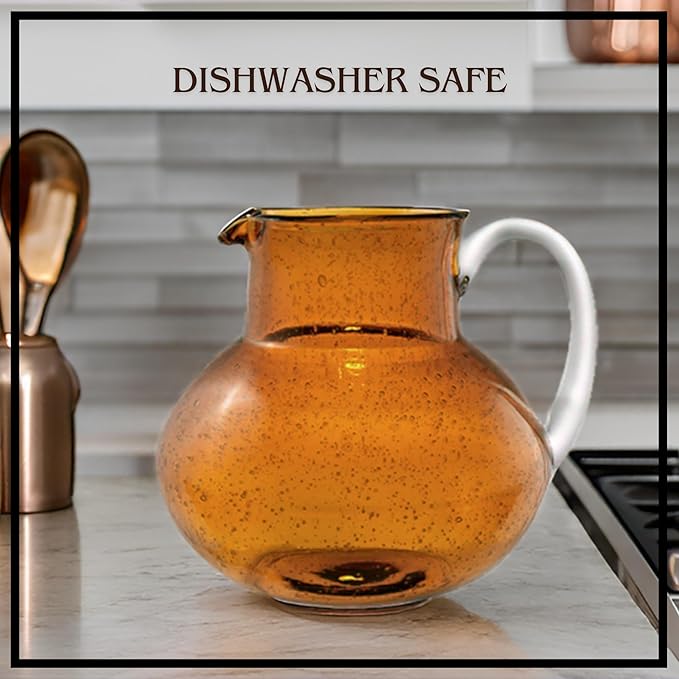 Artland Iris 90 Oz Handblown Glass Pitcher - Bubble Shape, Lead-Free - Versatile Drink Dispenser for Water, Juice, Cocktails - Enhanced Kitchen Decor, Dishwasher Safe (Amber)