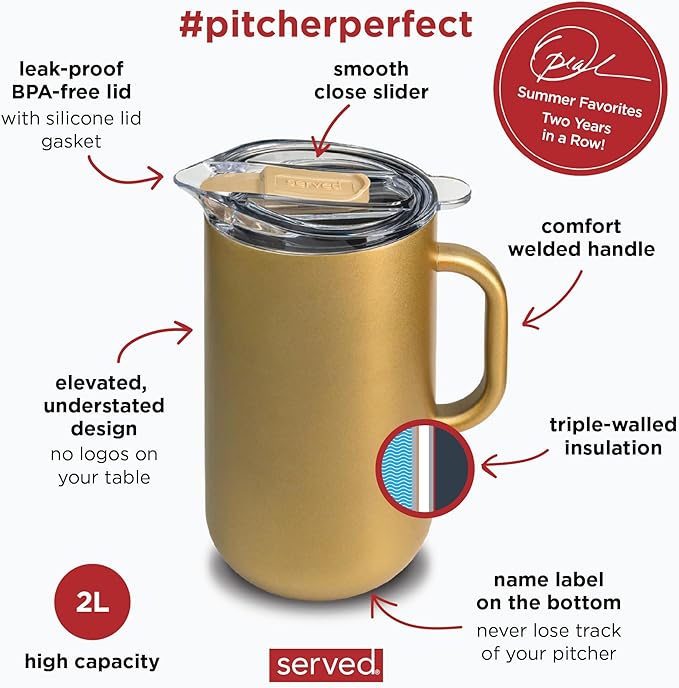Served Premium Insulated Pitcher (2L/66oz) - Double Walled, Copper Lined Stainless Steel Pitcher with Lid - Vacuum Insulated Carafe for Hot Coffee, Tea, Iced Drinks, Water, Cocktails, and More