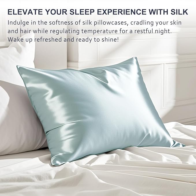 Ravmix Silk Pillow Cases 2 Pack with Zipper, 21momme Mulberry Silk Pillowcase for Hair Skin, Soft Smooth Breathable Cool Pillow Cover for Beauty Sleep with Gift Box(Standard 20"x26", Aqua Green)