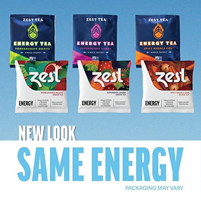 Zest Energy Tea Assortment Box – High Caffeine Tea Bags Sampler with Black & Green Tea – Caffeinated Coffee Alternative for Morning Focus – 6 Tea Bags – 135-150mg Caf per Cup – Natural, Non-GMO, Keto
