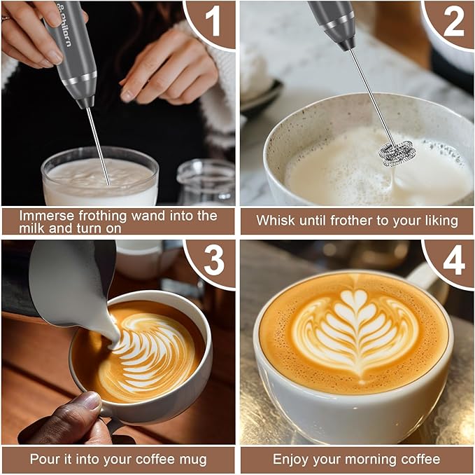 Philorn Milk Frother Wand Handheld Rechargeable Electric Whisk Coffee Drink Mixer, Mini Foamer for Lattes, Cappuccino, Frappe, Matcha, Hot Chocolate, Protein Powder, Keto Diet (Black 2 Heads)