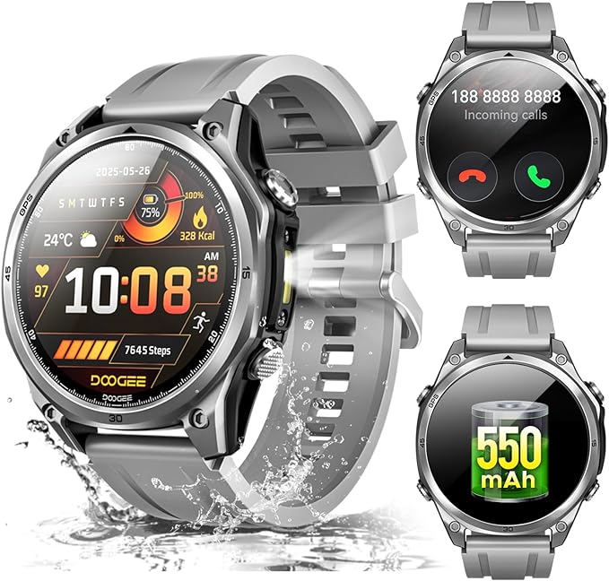 DOOGEE Anywise W1 Smart Watch 5ATM Waterproof Dual-Band GPS Fitness Tracker, 1.43'' AMOLED Screen Men Watches for Android and iPhone, 170+ Sports Modes, Bluetooth Call/18 Days Battery/2 Straps