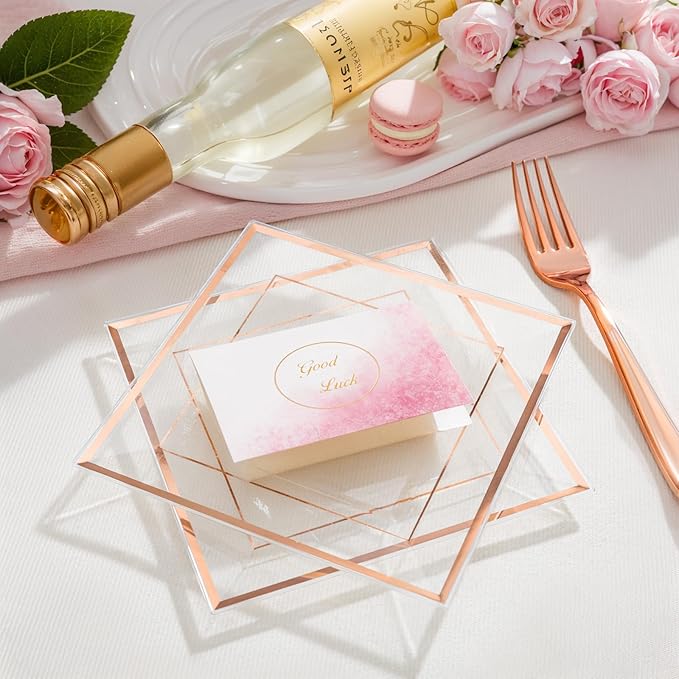 bUCLA 100 Pieces Clear Rose Gold Square Plastic Plates - 6 Inch Clear Plastic Dessert/Cake Plates with Rose Gold Trim Disposable - Ideal for Party, Wedding, Mother's Day & Valentine's Day