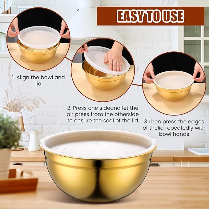 7 Pack Gold Mixing Bowls with Airtight Lids Stainless Steel Mixing Bowl, Metal Nesting Organizers and Stainless Steel Colander Set for Baking Serving Food (0.8,1,1.5,2.0,2.5,4.0 Qt)