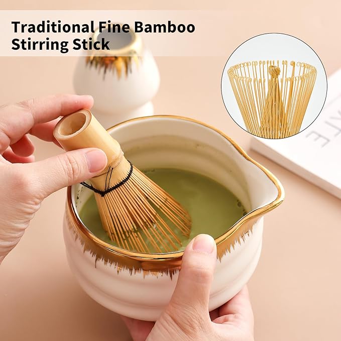 Spouted Matcha Bowl – 7-Piece Matcha Whisk Set, Golden-Textured White Porcelain Matcha Utensils, for Home Use & Matcha Enthusiasts