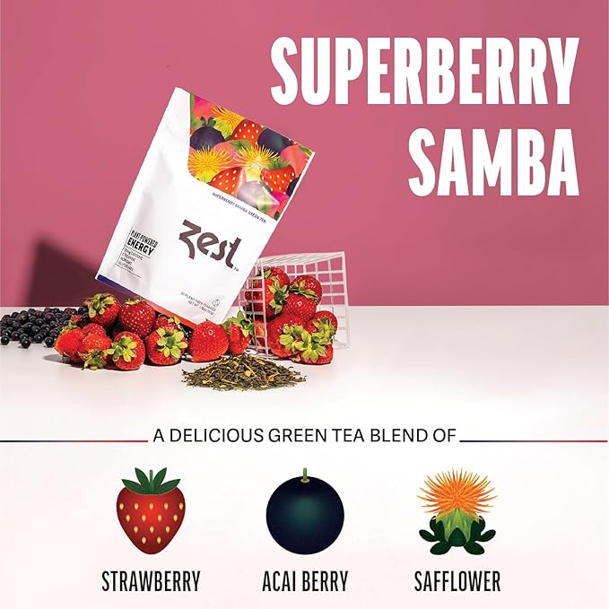 Zest Energy Green Tea - Superberry Samba - High Caffeine Strawberry, Acai, & Passion Fruit Tea - Caffeinated Coffee Altnernative with Antioxidants - Natural, Non-GMO & Keto - 20Ct Pack - 135mg Caf