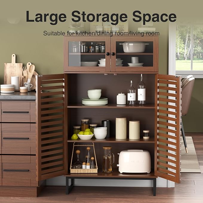 Vabches Buffet Cabinet with Storage, 51" Tall Mid Century Modern Sideboard Coffee Bar Cabinet with Grille Doors & Adjustable Shelves for Kitchen, Dining Room, Living Room, Walnut
