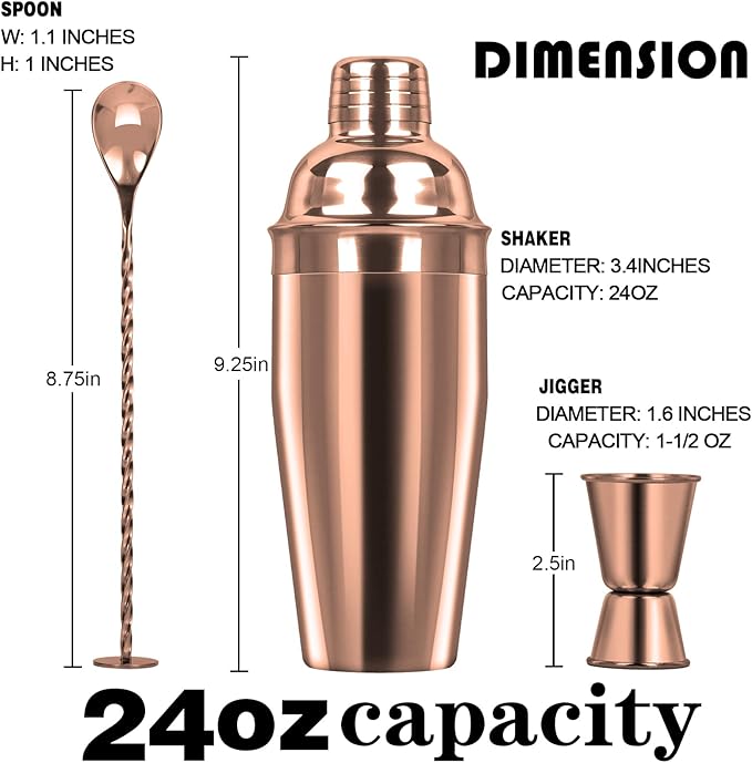 Large 24oz Cocktail Shaker Set, Stainless Steel 18/8 Martini Mixer Shaker with Built-in Strainer, Measuring Jigger & Mixing Spoon, Martini Shaker Set, Perfect for Bartender and Home Use, Rose Gold