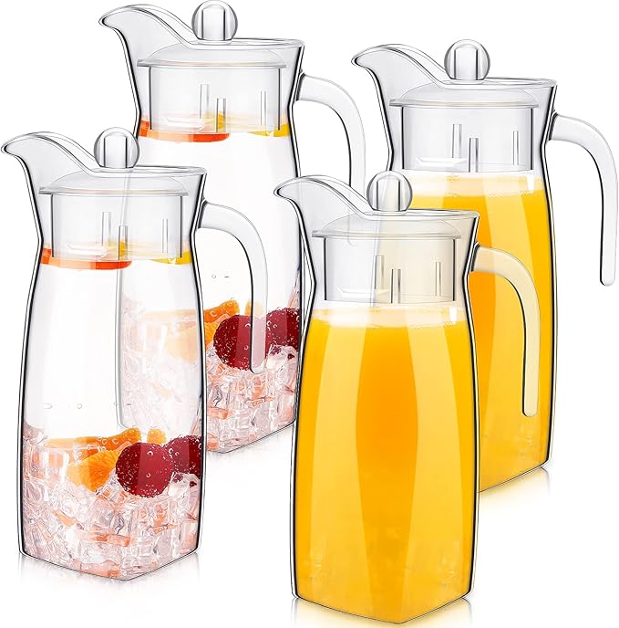 4 Pcs Acrylic Water Pitcher with Lid, Spout Handle Clear Plastic Pitcher Heat Resistant Carafe Unbreakable Beverage Container Fridge Jug for Juice Ice Tea Sangria Lemonade(44 oz,Diamond)
