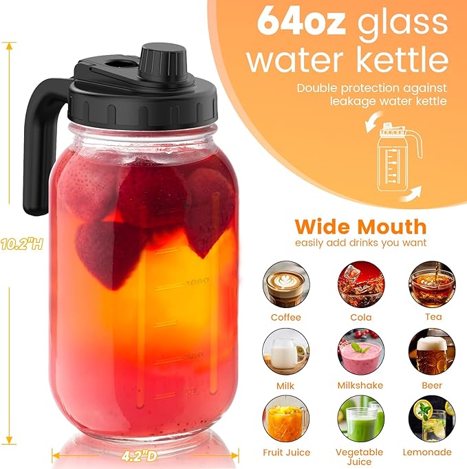 2 Pack 64oz Glass Mason Jar Pitchers with Leak-Proof Lids and Handles – Wide Mouth Design for Sun Tea, Cold Brew, Lemonade, Juice, Iced Tea, and Water