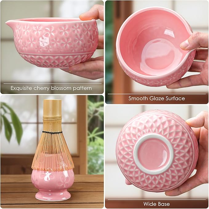 7Pcs Matcha Whisk Set, Ceramic Matcha Bowl with Spout, Bamboo Whisk and Holder,Bamboo Scoop,Scoop Rest,Sifter,Tea Towel, Matcha Kit with Cherry Blossom Carved Patterns for Matcha Lovers (Sakura Pink)
