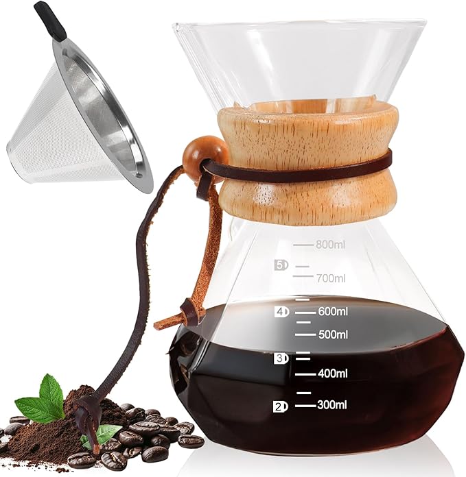 Pour Over Coffee Pot Set 800ml 27.1oz Features 304 Stainless Steel Filter Glass Coffee Pot with High Borosilicate Glass Duckbill Spout Design Solid Wood Handle Pour Over Coffee Daily Brewing