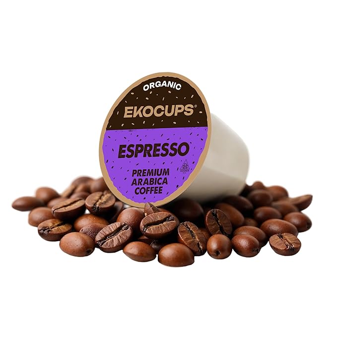 EKOCUPS Organic Espresso Roast Coffee Pods, Extra 30% More Coffee Per Cup, Artisan Fair Trade Dark Roast, Espresso Coffee for Keurig K Cup Machines, Recyclable Pods, 40 Count