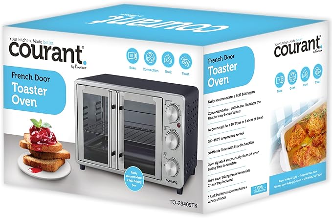 Courant French Door Convection Toaster Oven & Broiler, Bake Broil Toast Oven, Fits 9x13’’ Aluminum Baking Pan, 6-Slices, 10’’ Pizza, Convection Oven - Stainless Steel