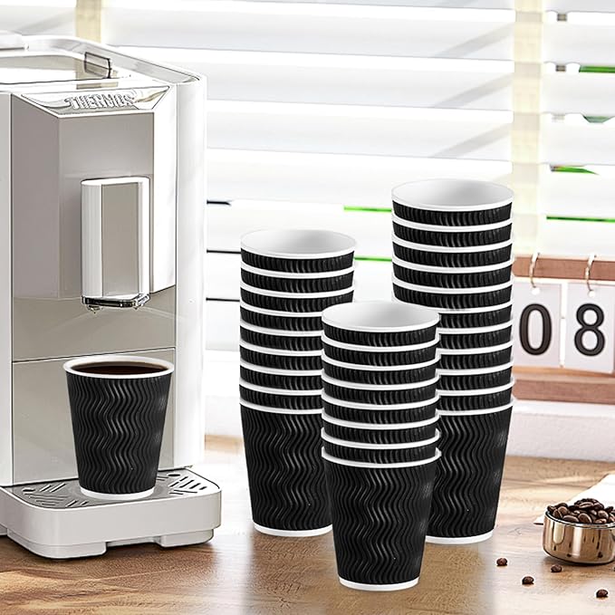 Lamosi Disposable Coffee Cups 12 oz 100 Pack, Paper Coffee Cups 12 oz for Hot Drinks or Cold Beverages, Insulated Corrugated Ripple Wall Cup for Office, Cafe, Home or Travel (Black)