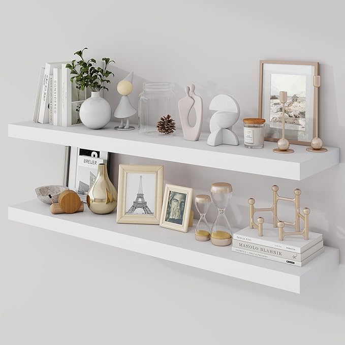 40 Inch Floating Shelves, 9.3" Deep Floating Shelf Wall Mounted, 40" Wall Shelves, Rustic Deep Bookshelf, Large Display Shelves & Storage Shelves for Bedroom, Living Room, White, Set of 2