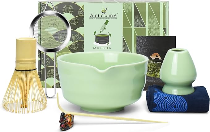 Artcome 7-Piece Matcha Tea Set - Complete Japanese Ceremony Kit with Bowl, Whisk, Scoop, Strainer & Guide, Green