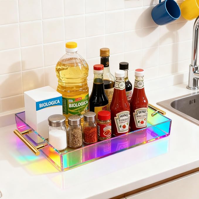 Acrylic Serving Tray with Handles Large Ottoman Food Decorative Tray for Coffee Table Tea Fruit Snack Kitchen Bar Platter, 17x13’’, Iridescent Rainbow