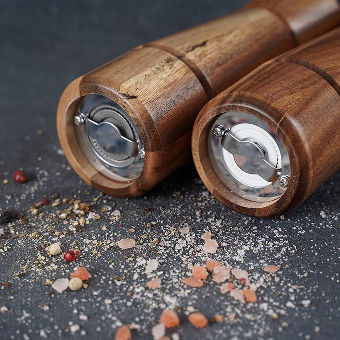 Salt and Pepper Mill Set, Adjustable Ceramic Grinder Salt Mill, Stainless Steel Grinder Pepper Mill, Acacia Wood, 16.5 cm / 6 inch Height, Bottom Dia 5 cm (Tray is NOT Included)
